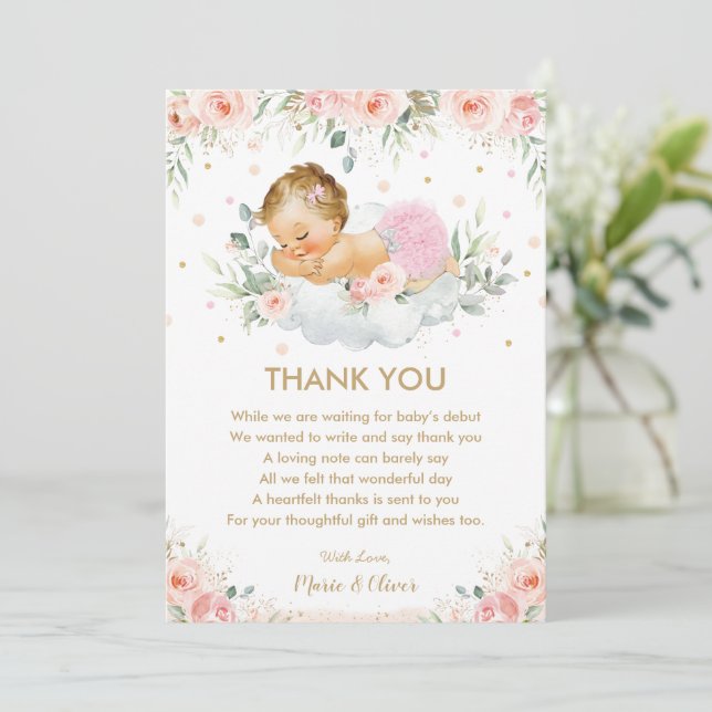 Chic Pink Floral Sweet Baby Girl Shower Birthday   Thank You Card (Standing Front)