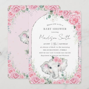 Chic Pink Floral Sweet Elephant Baby Shower Invitation