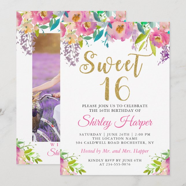 Chic Pink Floral Sweet Sixteen 16 Birthday Photo Invitation (Front/Back)