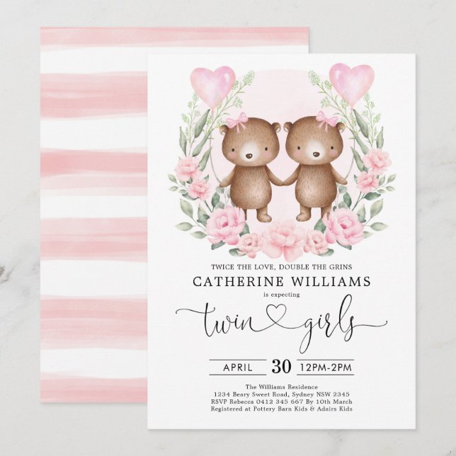Chic Pink Floral Teddy Bear Twin Girls Baby Shower Invitation (Front/Back)