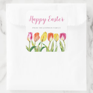 Chic Pink Floral Tulips Happy Easter Square Sticker
