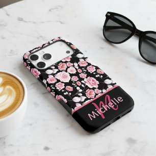 Chic Pink Floral Watercolor Patten Monogram Black