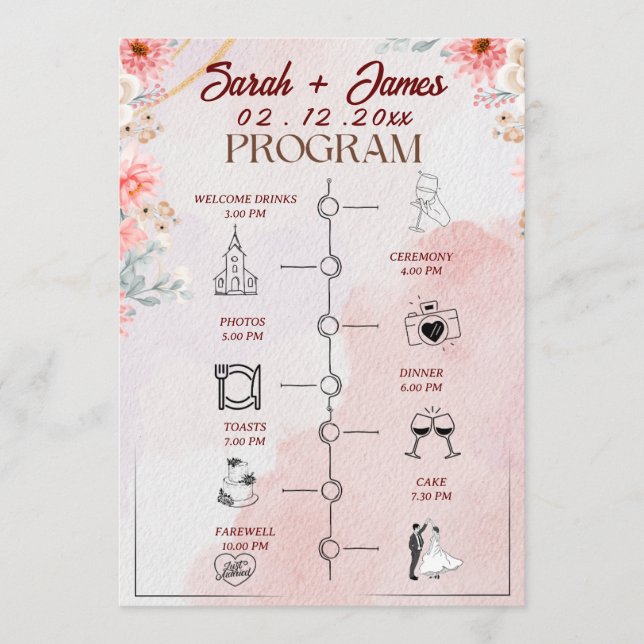 Chic Pink Floral Wedding Programme (Front)