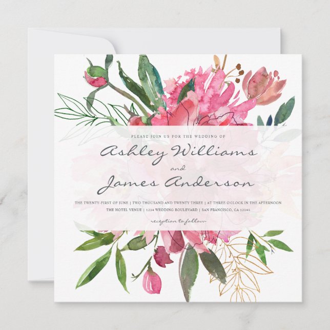Chic Pink Floral White Wedding Invitation (Front)