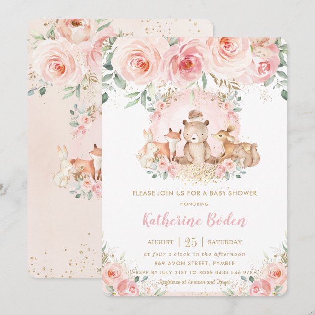 Chic Pink Floral Woodland Animals Girl Baby Shower Invitation (Front/Back)