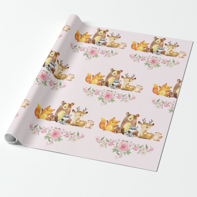 Chic Pink Floral Woodland Baby Shower 1st Birthday Wrapping Paper (Unrolled)