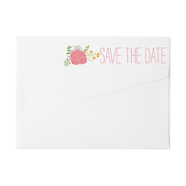 Chic Pink Flower Green Leaves Save The Date Wrap Around Label (Back)