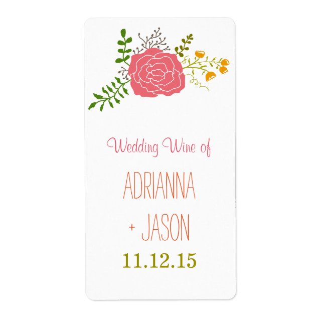 Chic Pink Flower Green Leaves Wedding Wine (Front)