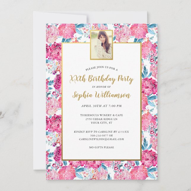 Chic Pink Flowers Any Age Add Photo Birthday Party Invitation (Front)