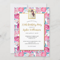 Chic Pink Flowers Any Age Add Photo Birthday Party