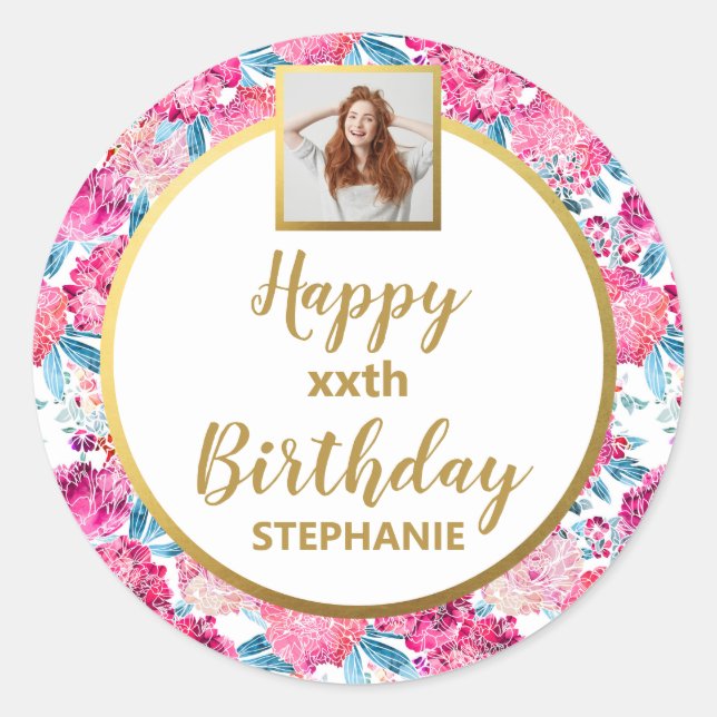Chic Pink Flowers, Custom Photo, Happy Birthday Classic Round Sticker (Front)