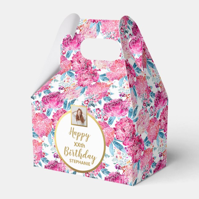 Chic Pink Flowers, Custom Photo, Happy Birthday Favour Box (Front Side)