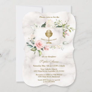 Chic Pink Flowers Frame Girl Marble Holy Communion Invitation