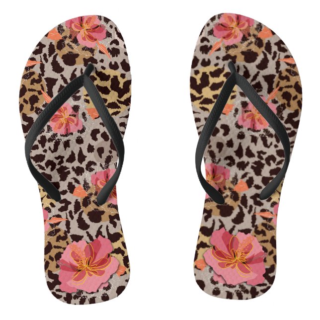 Chic Pink Flowers on Leopard Flip Flops (Footbed)