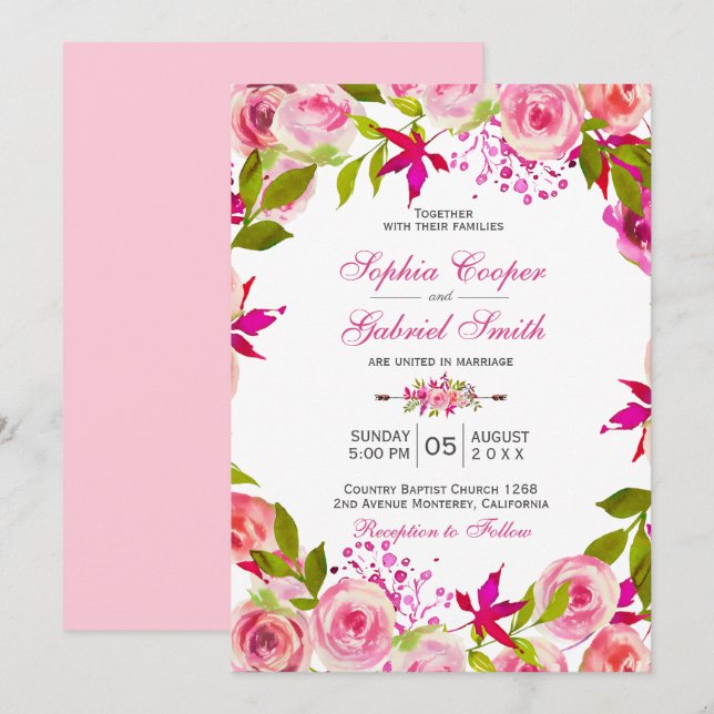 Chic Pink Fuchsia Rose Botanical Floral Wedding Invitation (Front/Back)