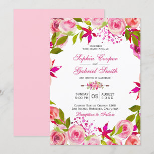 Chic Pink Fuchsia Rose Botanical Floral Wedding Invitation