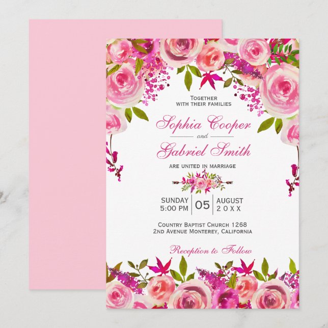 Chic Pink Fuchsia Rose Botanical Floral Wedding Invitation (Front/Back)
