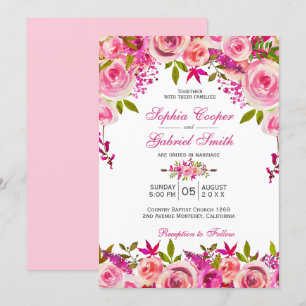 Chic Pink Fuchsia Rose Botanical Floral Wedding Invitation