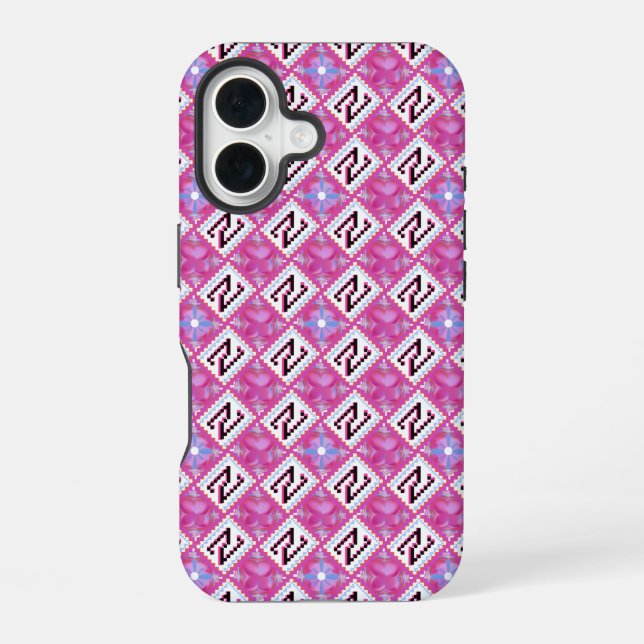 Chic Pink Geometric Alphabet N Initial iPhone 16 Case (Back)