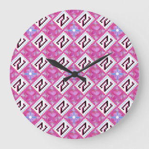 Chic Pink Geometric Alphabet N Initial Large Clock