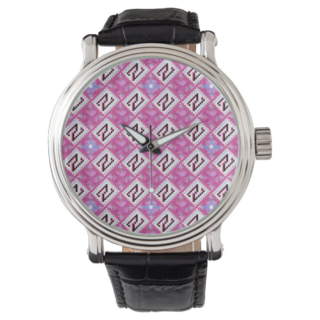 Chic Pink Geometric Alphabet N Initial Watch (Front)