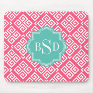 Chic pink girly greek key patterns monogram mouse mat