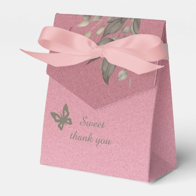chic pink glamourous glitter & greenery wedding favour box (Front Side)