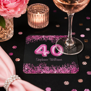 Chic Pink Glitter and Black 40th Birthday Party Square Paper Coaster