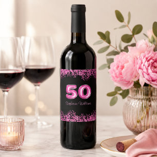 Chic Pink Glitter and Black 50th Birthday Wine Label