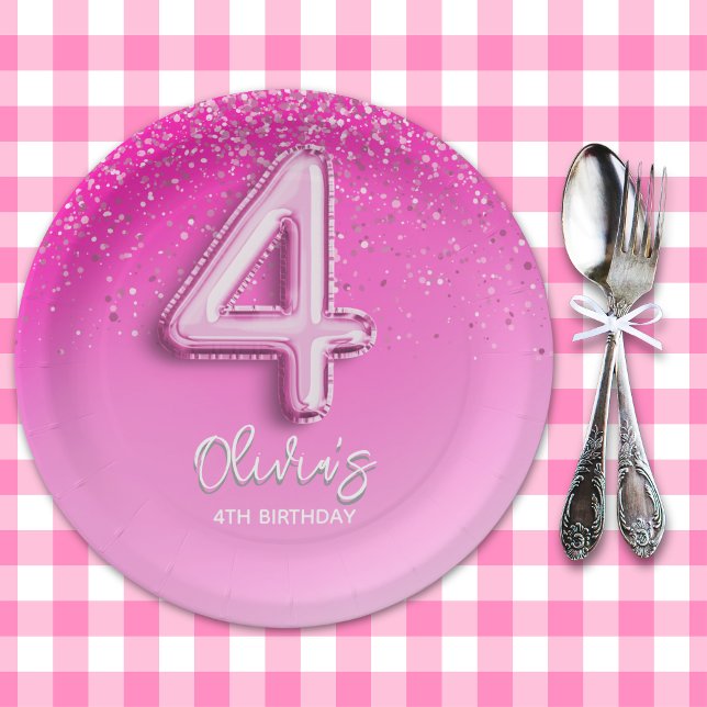 Chic Pink Glitter Balloon 4th Birthday Party  Paper Plate (Creator Uploaded)