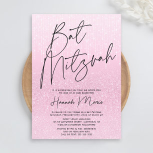 Chic Pink Glitter Bat Mitzvah Invitation