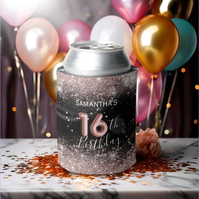 Chic Pink Glitter & Black 16th Birthday  Can Cooler (Creator Uploaded)