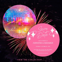 Chic Pink Glitter Disco Ball Wedding Save the Date