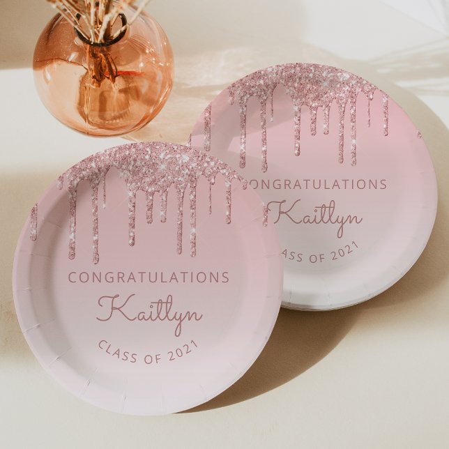 Chic Pink Glitter Drip Graduation Party Paper Plate (Creator Uploaded)