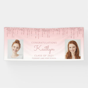 Chic Pink Glitter Drip Two Photo Graduation Banner