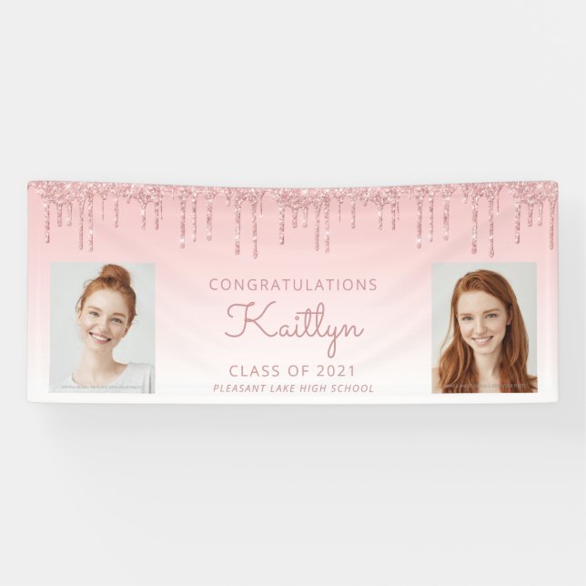 Chic Pink Glitter Drip Two Photo Graduation Banner (Horizontal)