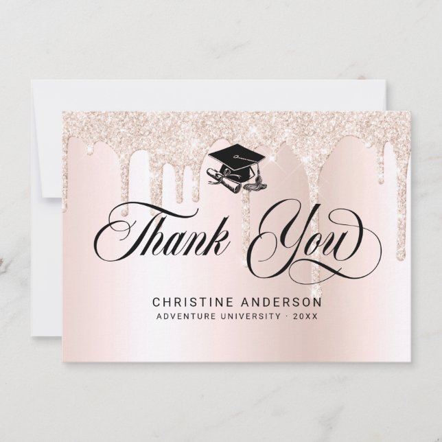 Chic  Pink Glitter Drips Black Script Graduation Thank You Card (Front)