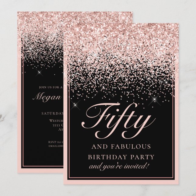 Chic Pink Glitter Fifty and Fabulous Birthday Invitation (Front/Back)
