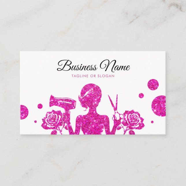 Chic Pink Glitter Floral Hairdresser Appointment Card (Front)