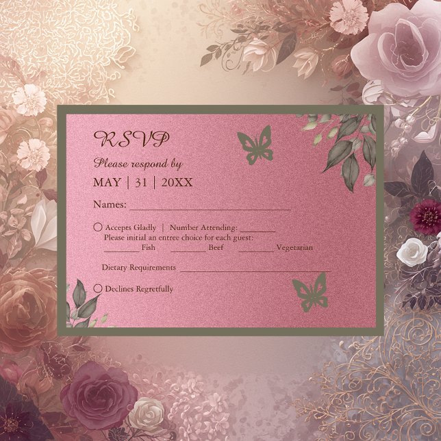 Chic Pink Glitter Foliage wedding RSVP Card (Creator Uploaded)