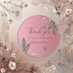 Chic Pink Glitter Foliage Wedding thank you Classic Round Sticker