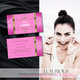 Chic Pink Glitter Gold Border Ornamental with Logo Business Card