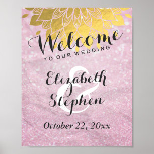 Chic Pink Glitter Gold Floral Wedding Sign Poster