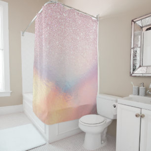 Chic Pink Glitter Iridescent Holographic Gradient Shower Curtain