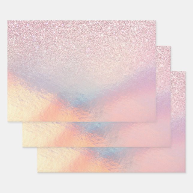 Chic Pink Glitter Iridescent Holographic Gradient Wrapping Paper Sheet (Set)