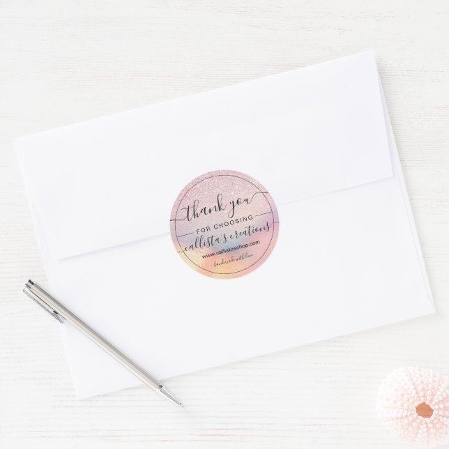 Chic Pink Glitter Iridescent Holographic Thank You Classic Round Sticker (Envelope)