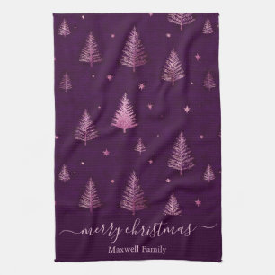 Chic pink glitter merry christmas trees name tea towel