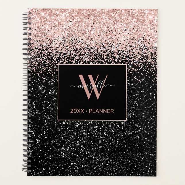 Chic Pink Glitter Monogram Name 2021 Planner (Front)