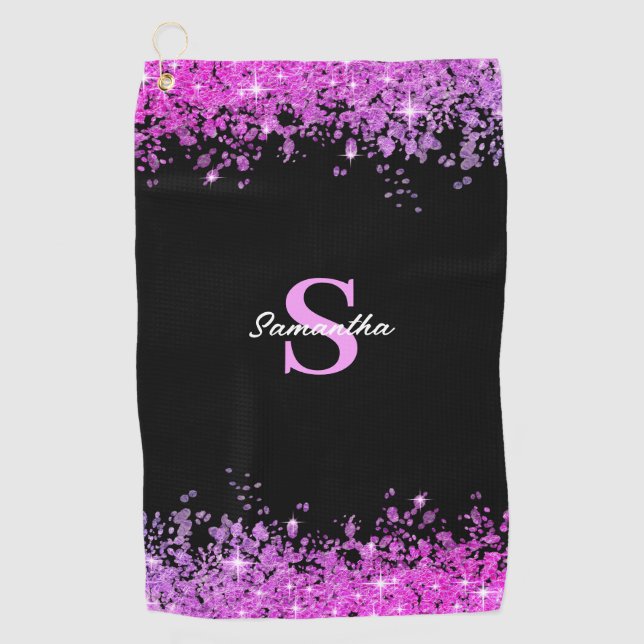 Chic Pink Glitter Monogram Name Golf Towel (Front)