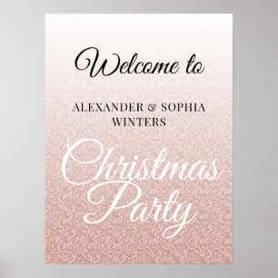 Chic Pink Glitter Ombre Christmas Party Welcome Poster